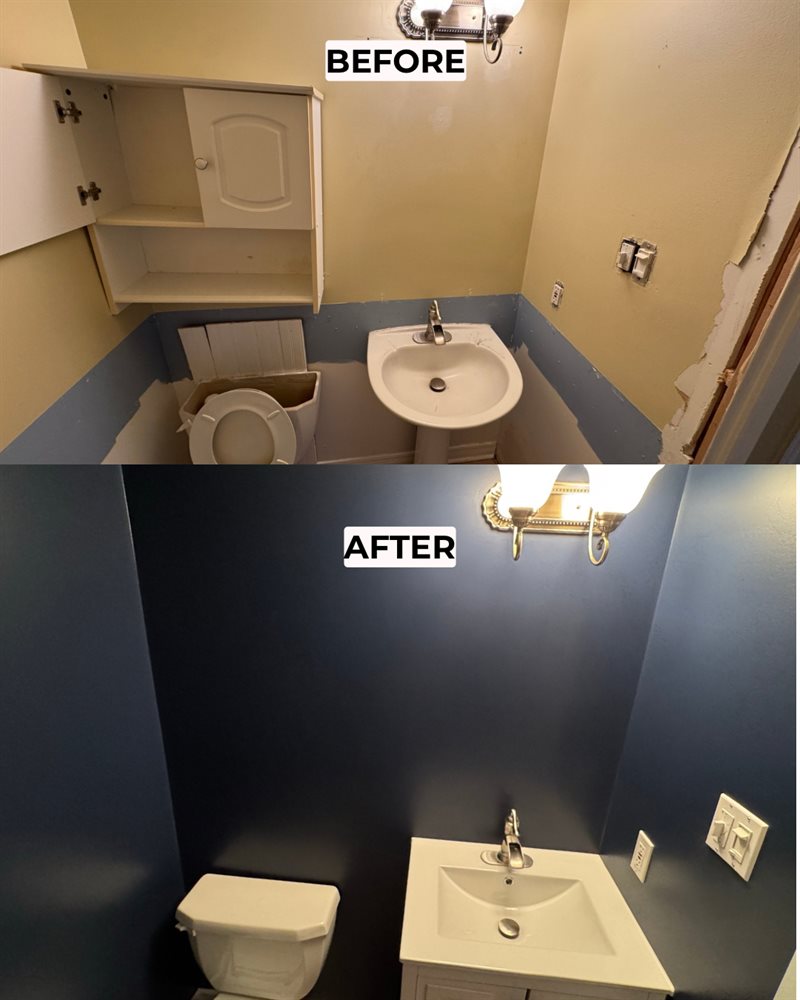 Before and after: powder room repainted in bold navy