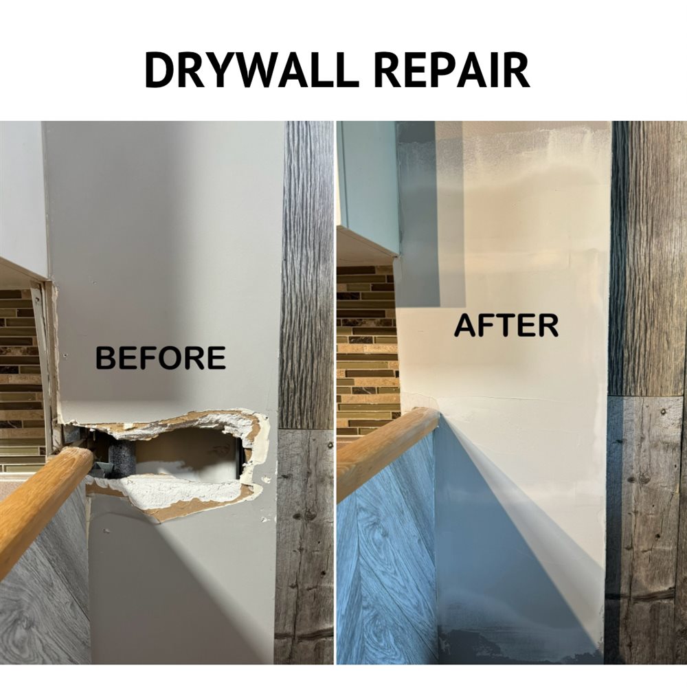 Before and after: drywall repaired and refinished
