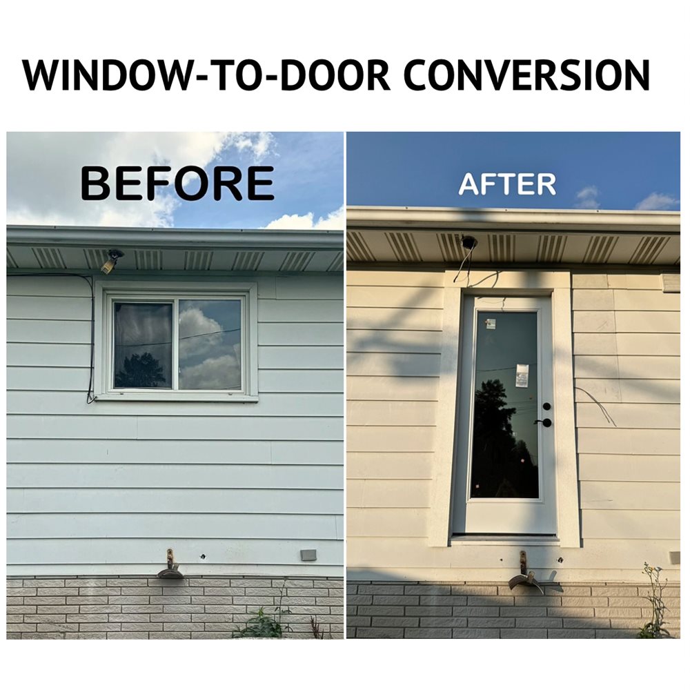 Before and after: exterior window converted to a door