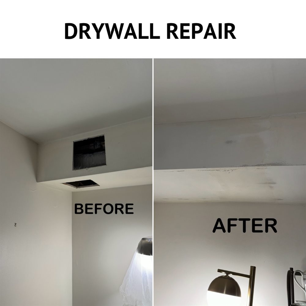 Before and after: ceiling drywall repaired