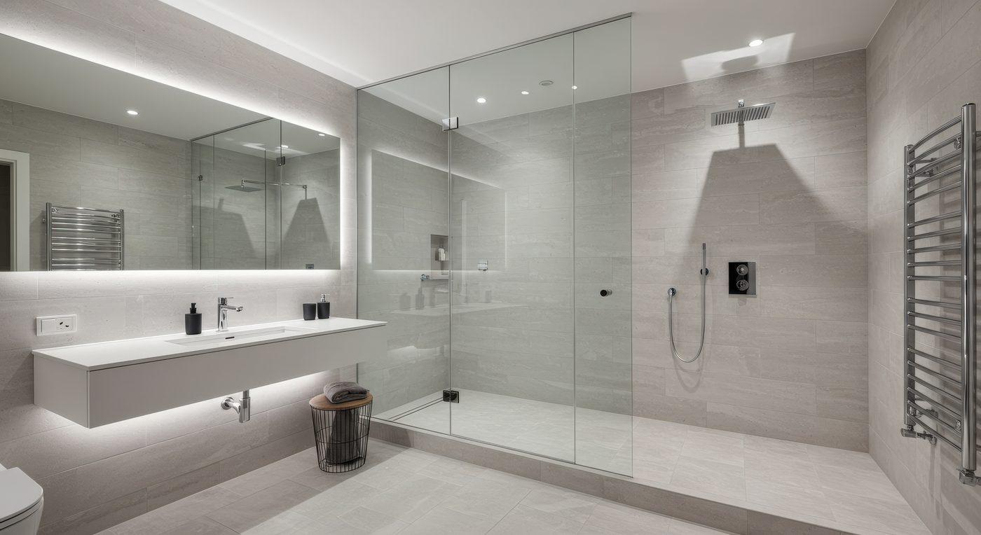 Modern renovated bathroom with a walk-in glass shower