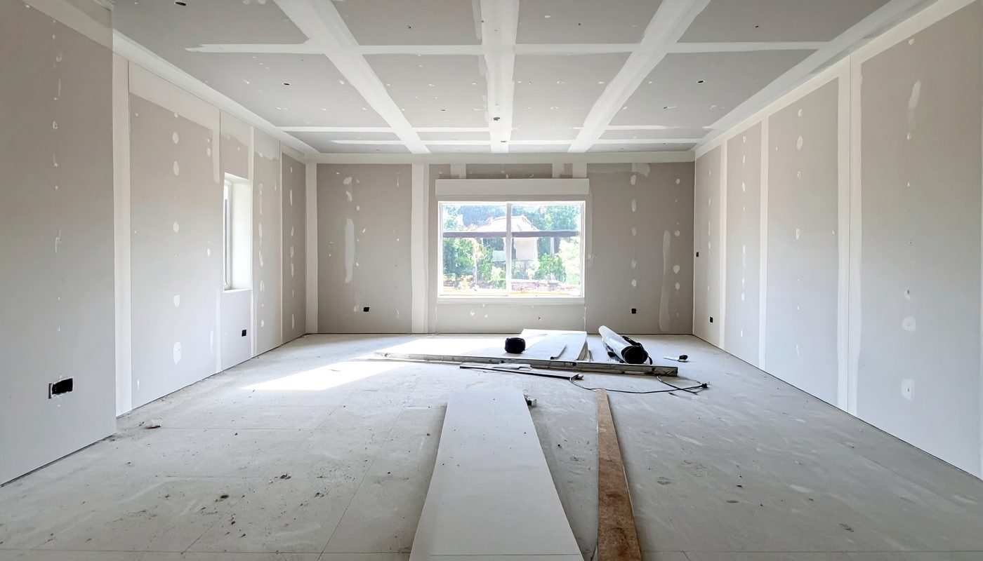 Home interior at the drywall and taping stage
